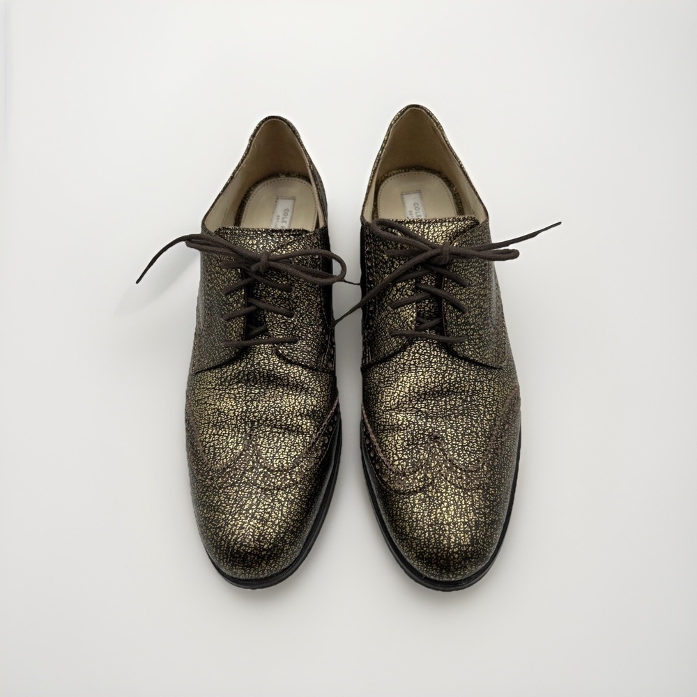 Cole Haan Oxfords Women 8 Gold Metallic Crackle Wingtip Brogue Lace Up W01187